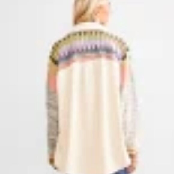 A. Peach Size Small Yellow Tan Corduroy and Multi Colored Sweater Shacket - Picture 13 of 14